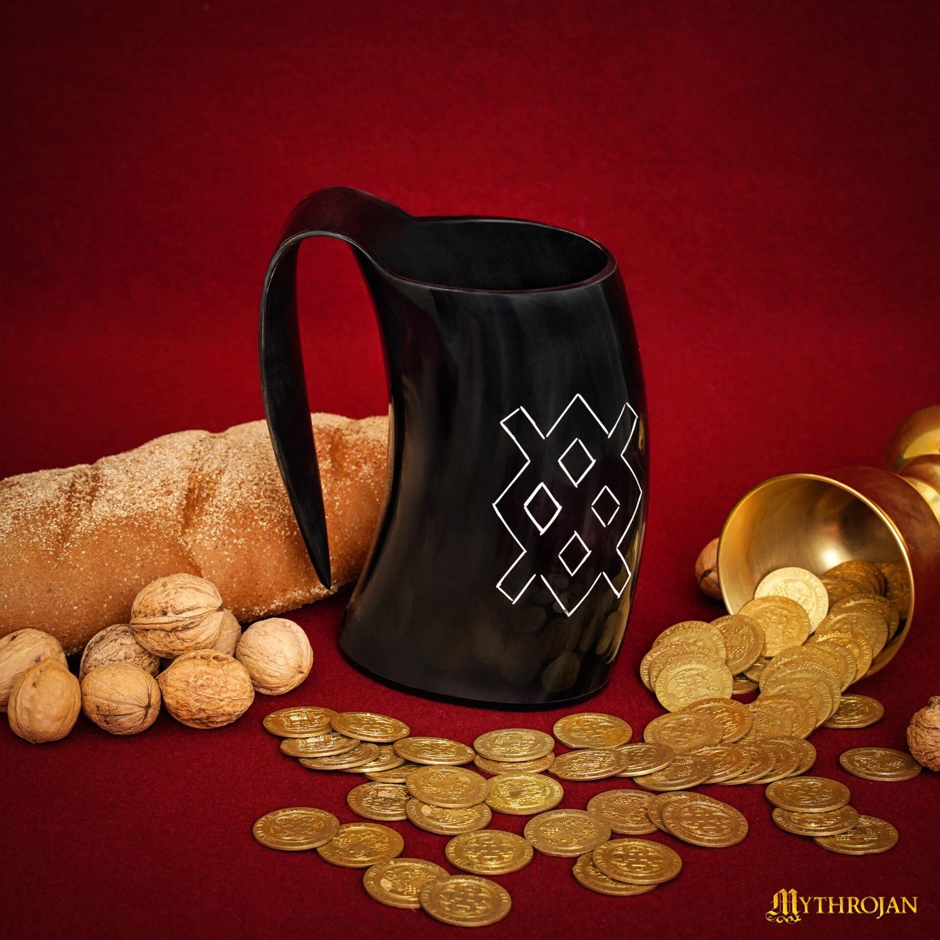 Imagen única de: Vaso Mythrojan Vaso Vikingo con Asa y Hebilla Medieval Renacimiento con Correa de Cuero - Patern Único 800ml