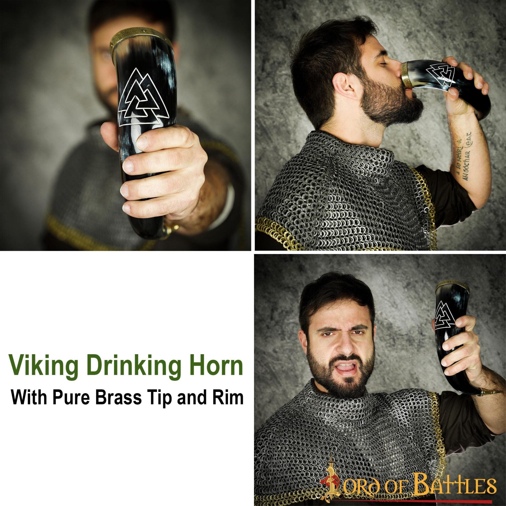 Cuerno para Beber Vikingo con Grabado Valknut - Cuerno de Buey Natural Pulido con Borde y Punta de Latón - Imagen 12