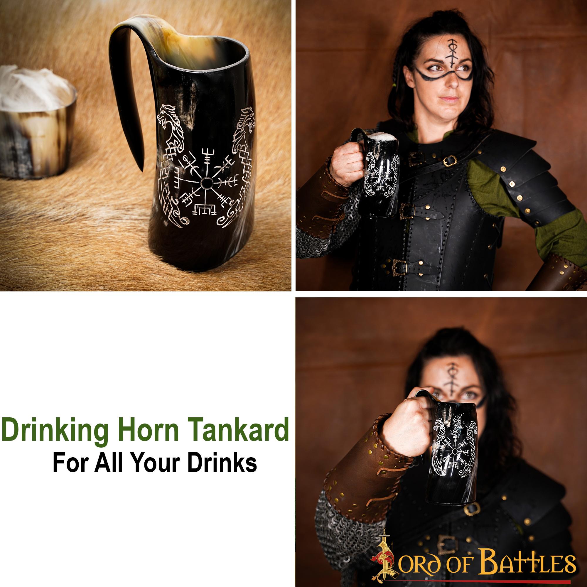 Taza de Cuerno Vikingo con Vegvisir y Grabado de Caballo Gemelo Taza de Cuerno de Buey Natural Pulido, Jarra para Hidromiel y Cerveza - Imagen 10