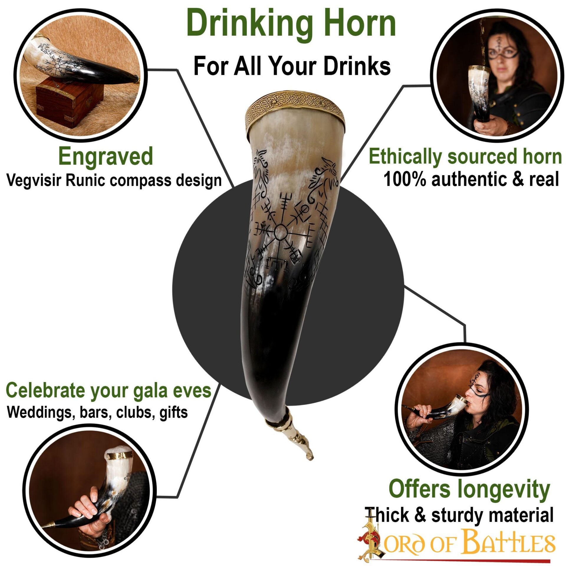 Imagen única de: Cuerno Vikingo para Beber con Brújula y Grabado de Jormungandr - Cuerno de Buey Hecho a Mano