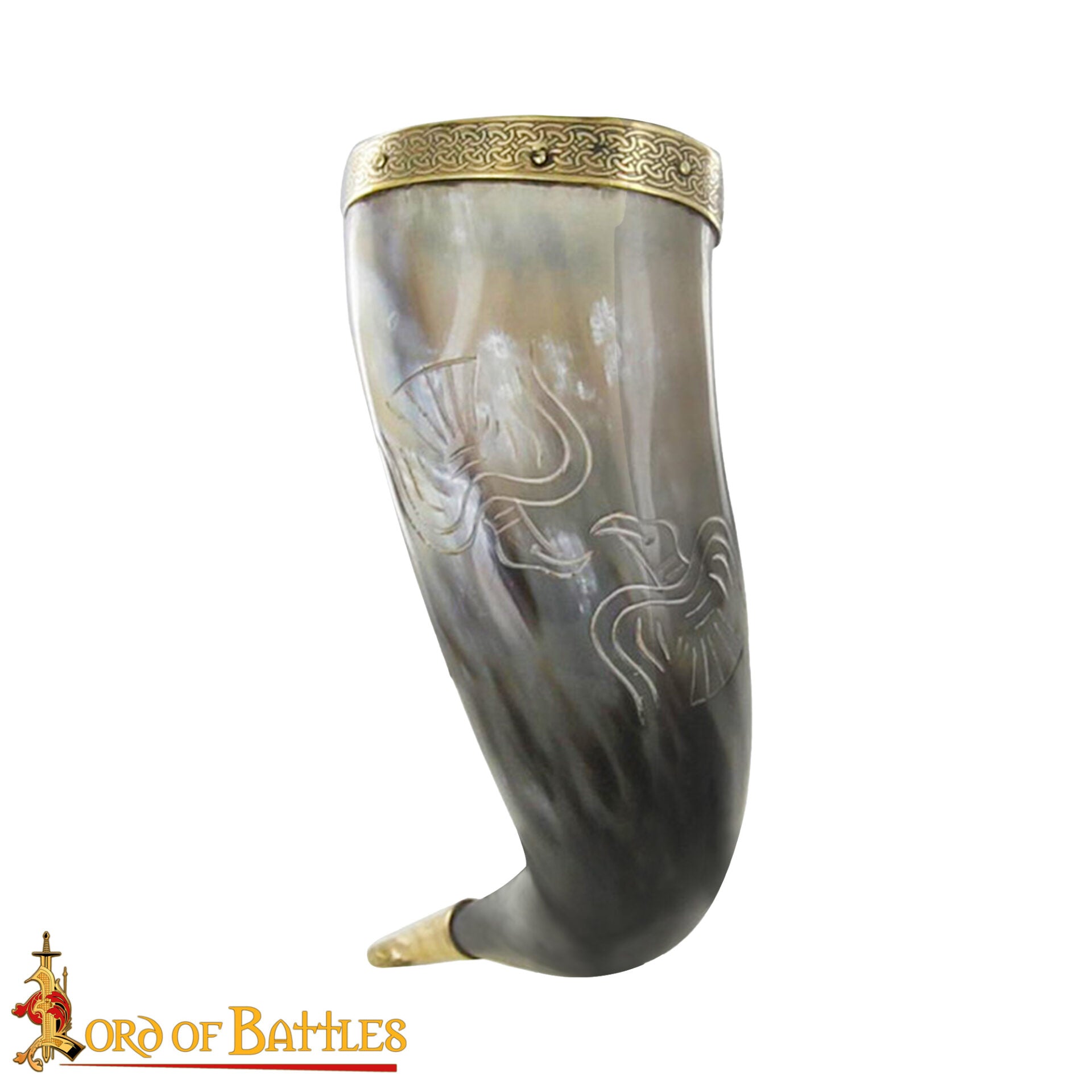 Imagen única de: Cuerno para Beber Vikingo Grabado -cuerno de Buey Pulido con Borde y Punta de Latón | Motivo de Pájaro Nórdico