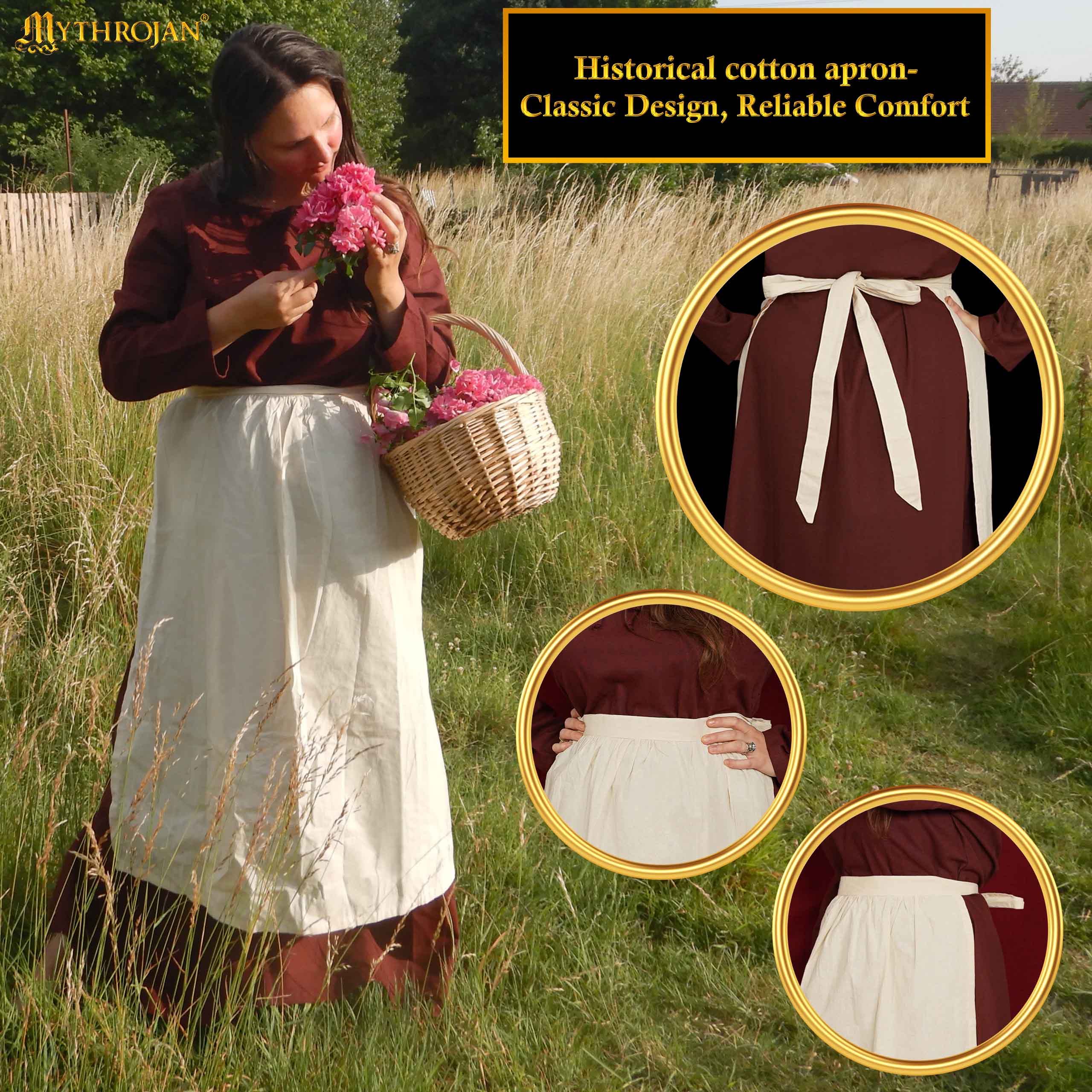 Imagen única de: Mythrojan Medieval Ecru Delantal: Ideal para Cocinar Hornear, Feria del Renacimiento, Recreación, Larp, Cosplay Rendimiento, Maid Traje, Retro Cintura Delantales para Mujeres, Niñas, Camarera