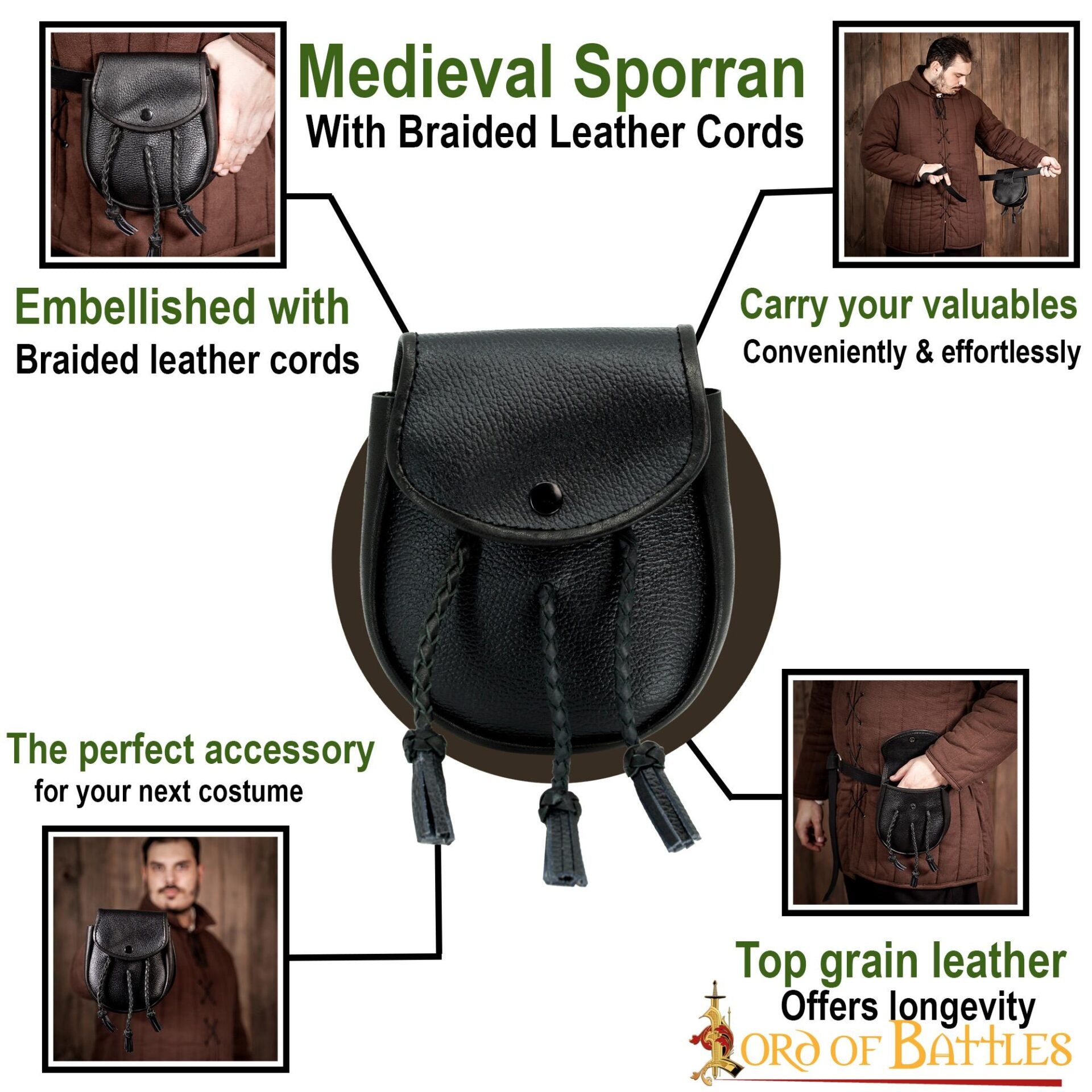 Imagen única de: Sporran Medieval con Borlas Trenzadas Hecho a Mano de Cuero Genuino