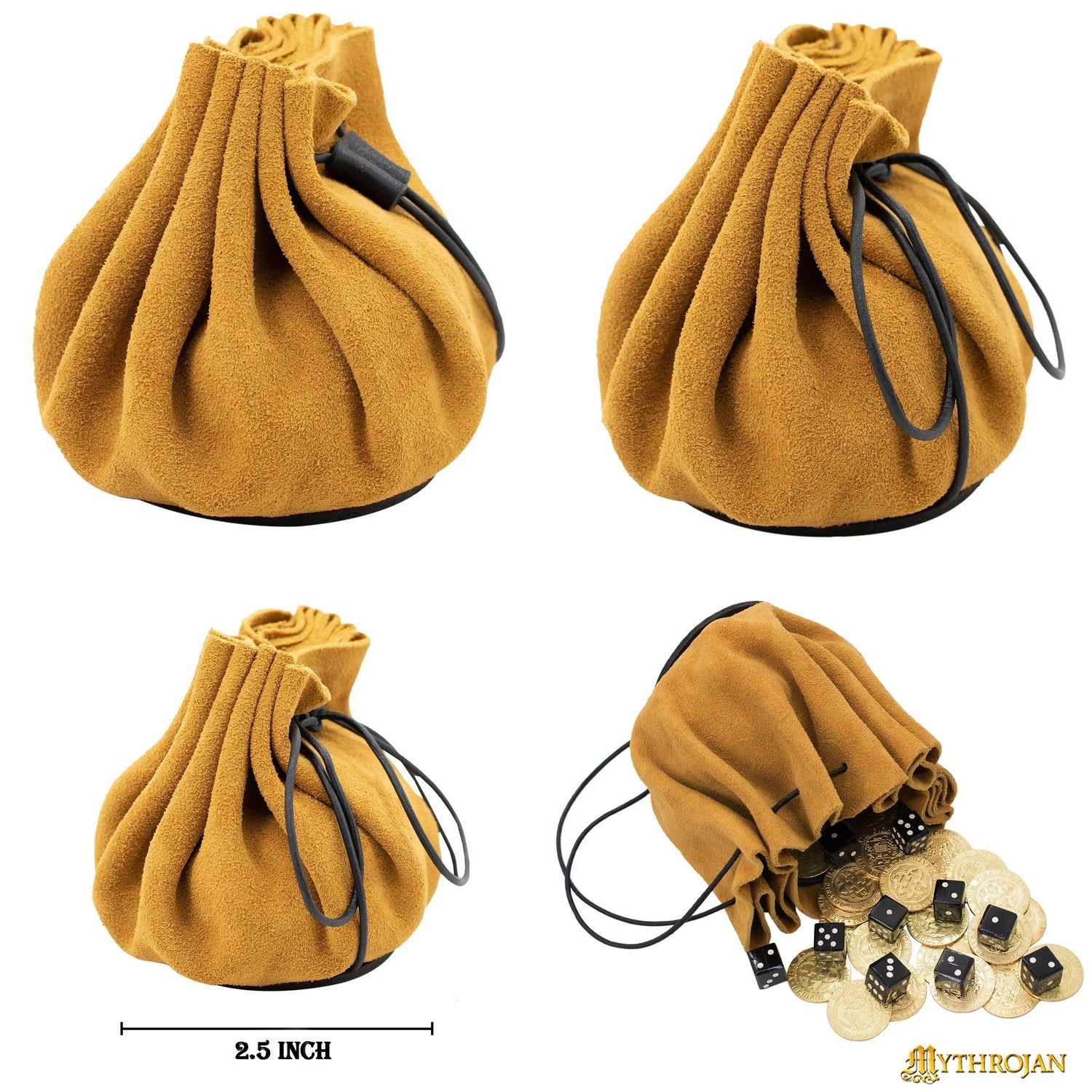 Imagen única de: Mythrojan " Gold And Dice " Medieval Drawstring Pouch , Ideal For Sca Larp Reenactment & Ren Fair : Bolsa de Cuero de Gamuza , 2.5".