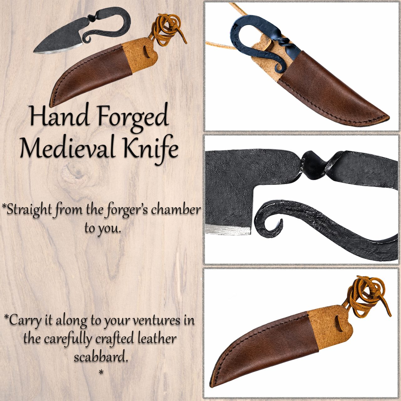 Imagen única de: Cuchillo Medieval Forjado a Mano con Funda de Cuero Auténtico