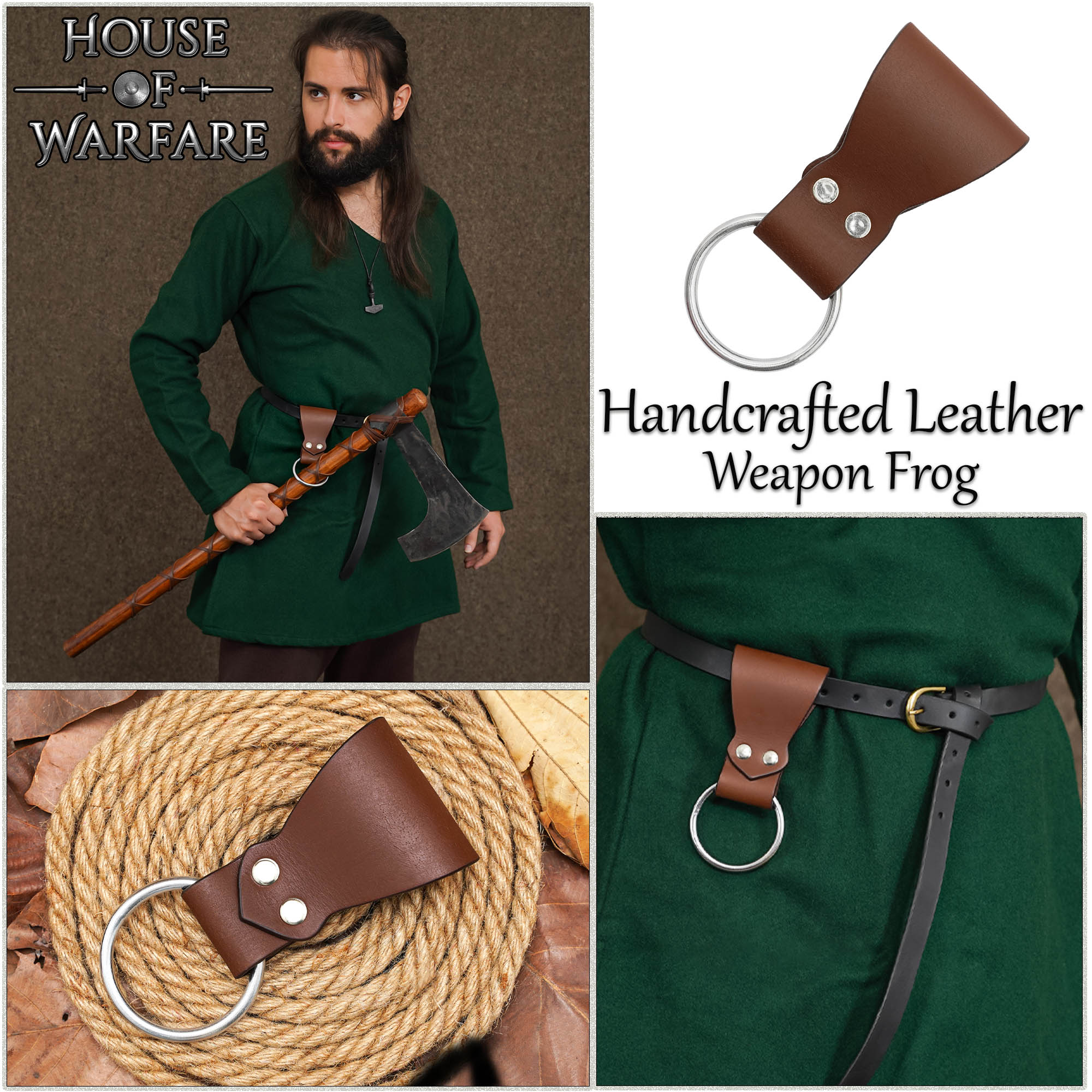 Imagen única de: Rana Medieval de Cuero para Hacha con Anilla de Acero - Cinturón Marrón para Hachas y Herramientas