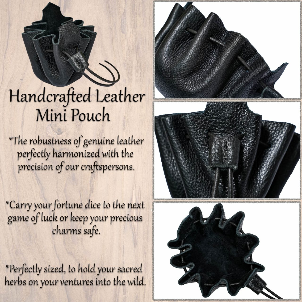 Imagen única de: Monedero Pequeño de Cuero - Bolsita Artesanal Negra con Cordón para Monedas, Dados, Joyas