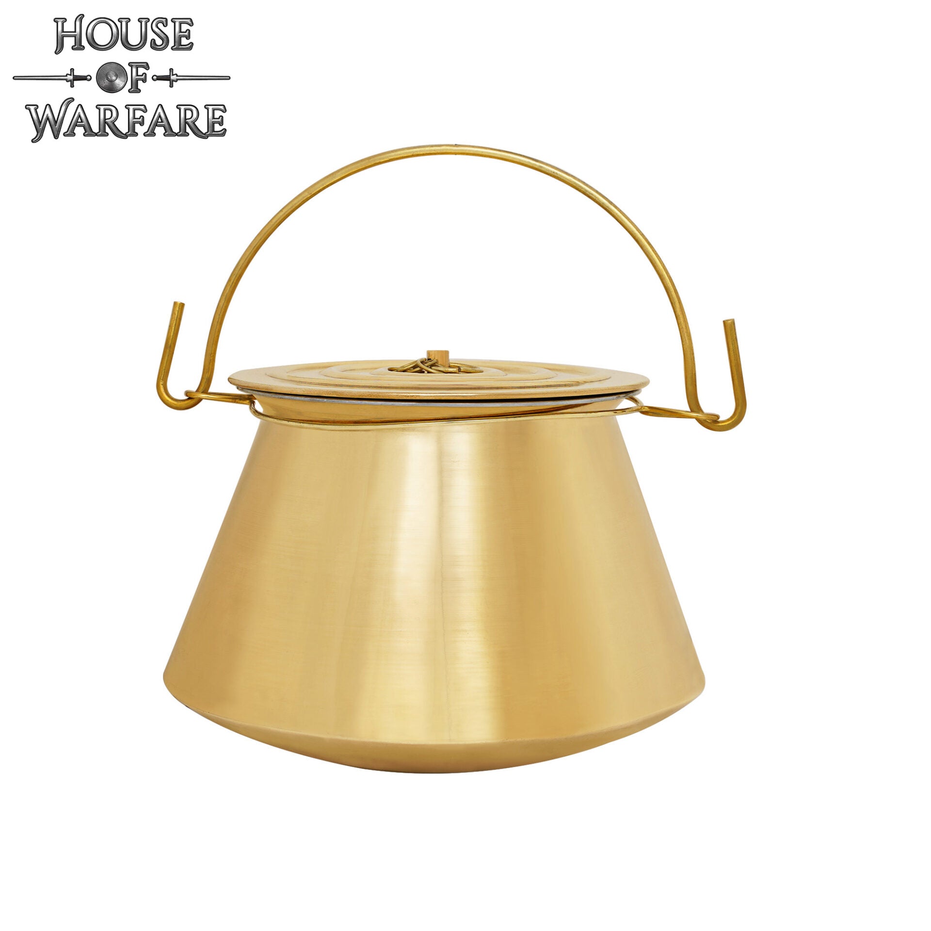 Imagen única de: Hervidor Medieval de Latón con Tapa - Olla Histórica para Cocinar Al Aire Libre y en Hogueras - Caldero de Latón Pulido Hecho a Mano