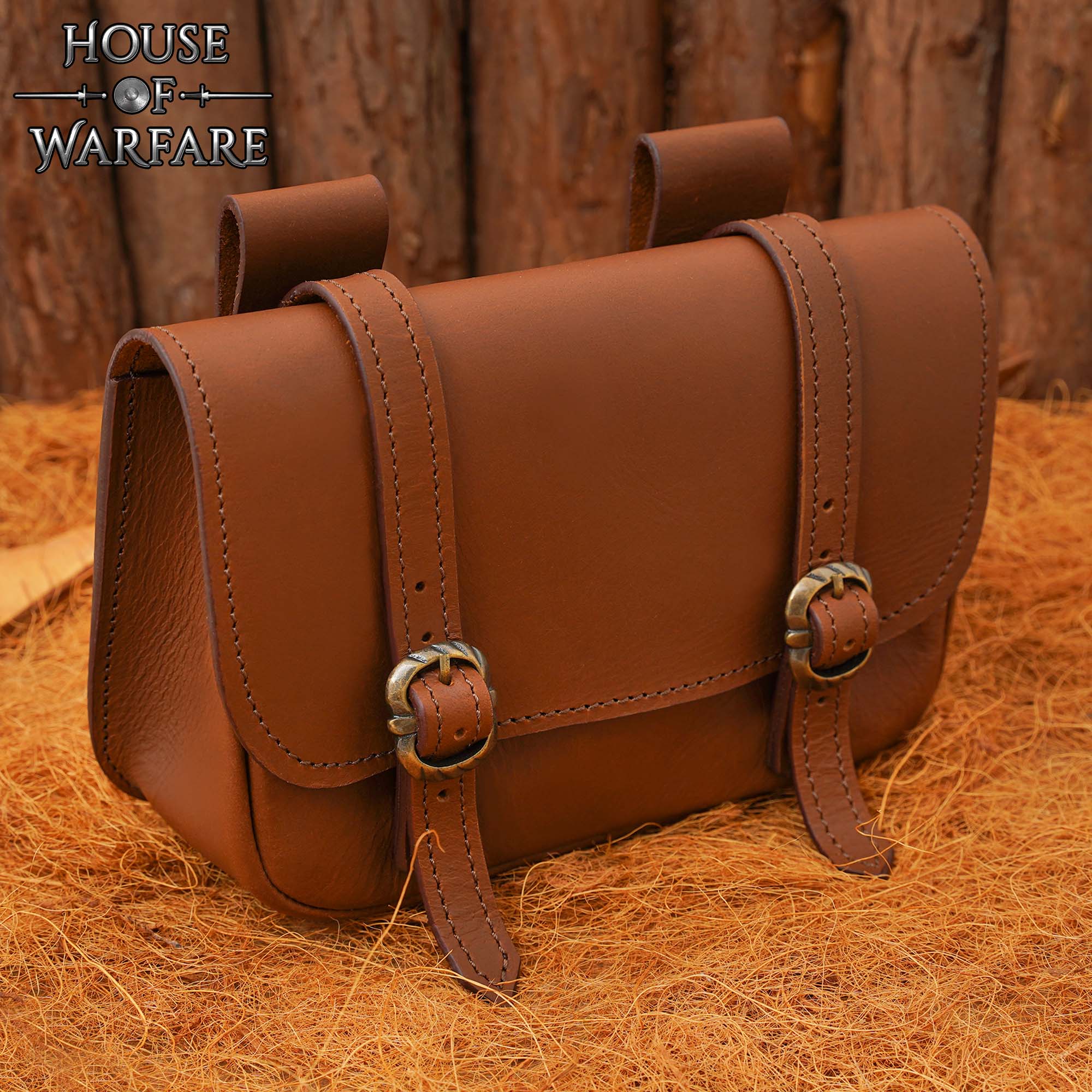Imagen única de: Riñonera Grande de Cuero Marrón Mercante - Bolsa Medieval con Hebillas Dobles de Latón