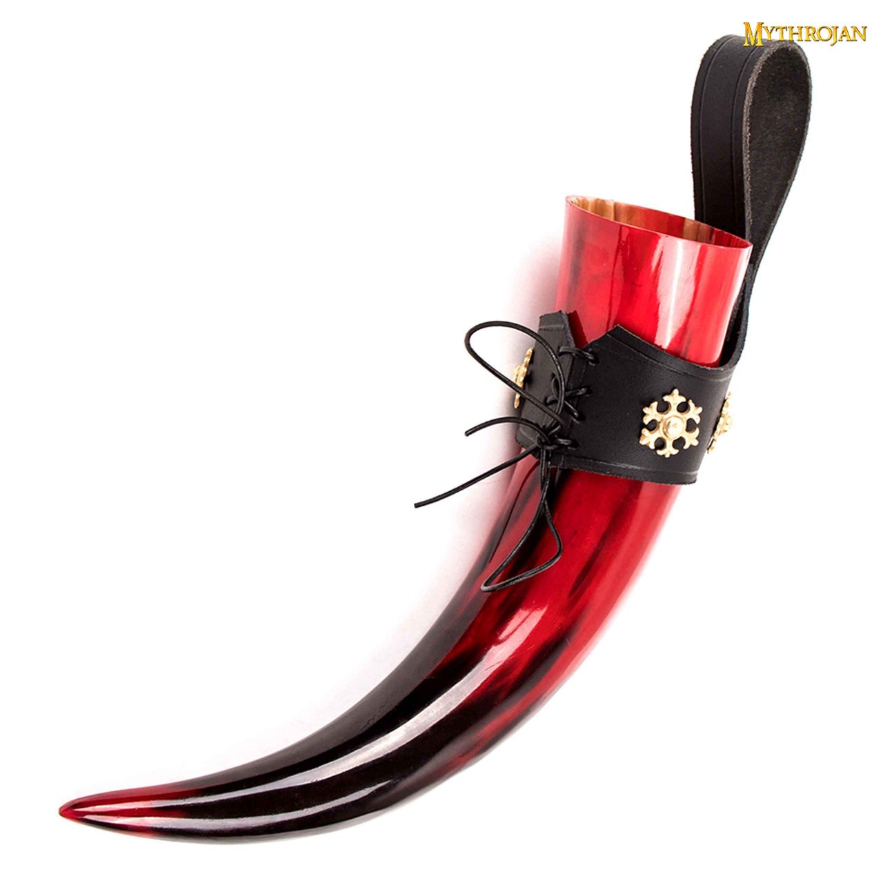 Imagen única de: Taza Medieval para Beber Hidromiel 400ml Rojo Vikingo Cuerno de Buey con Soporte de Cuero Negro Pulido