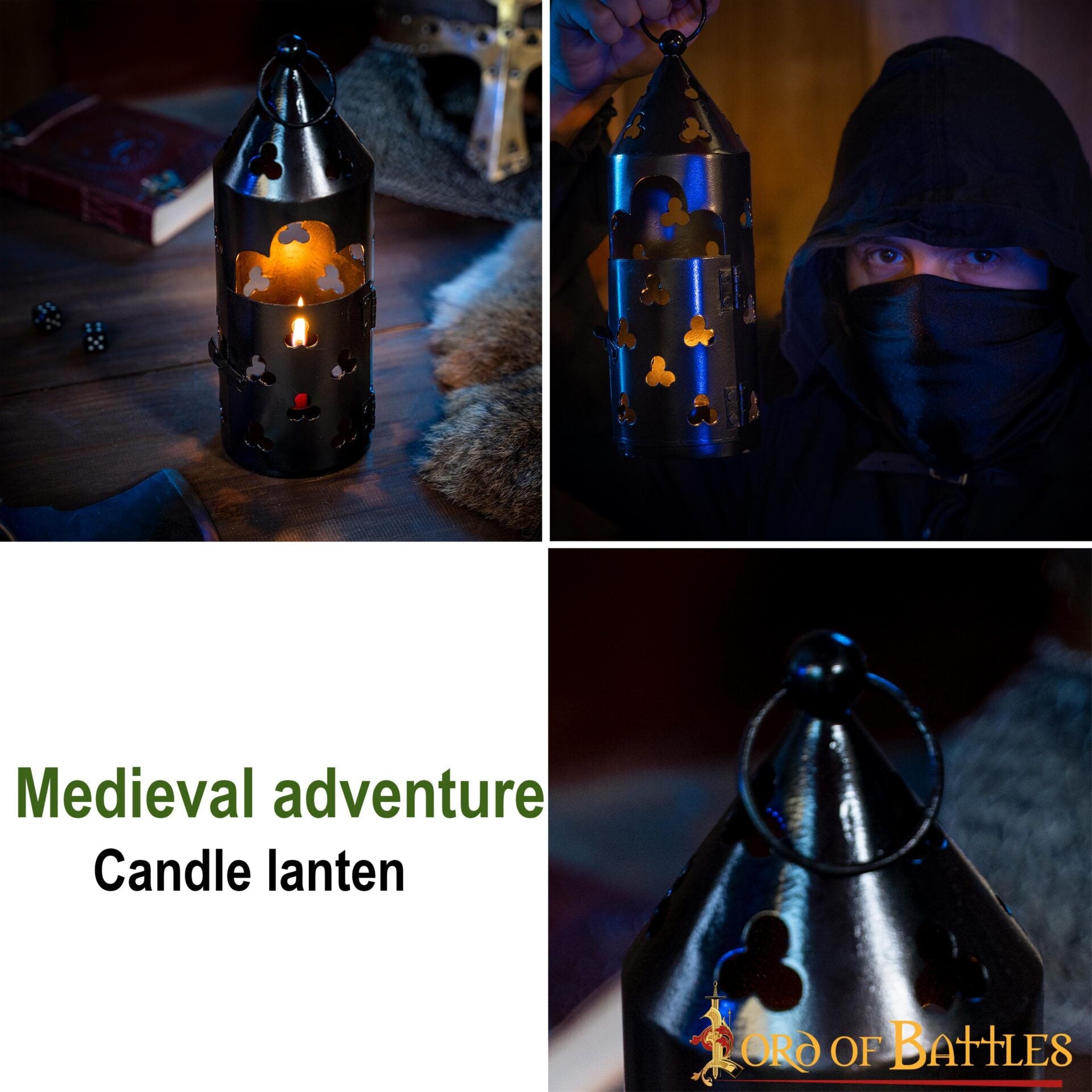 Imagen única de: Farol Medieval de Hierro para Velas con Recortes de Trébol y Asa Anular
