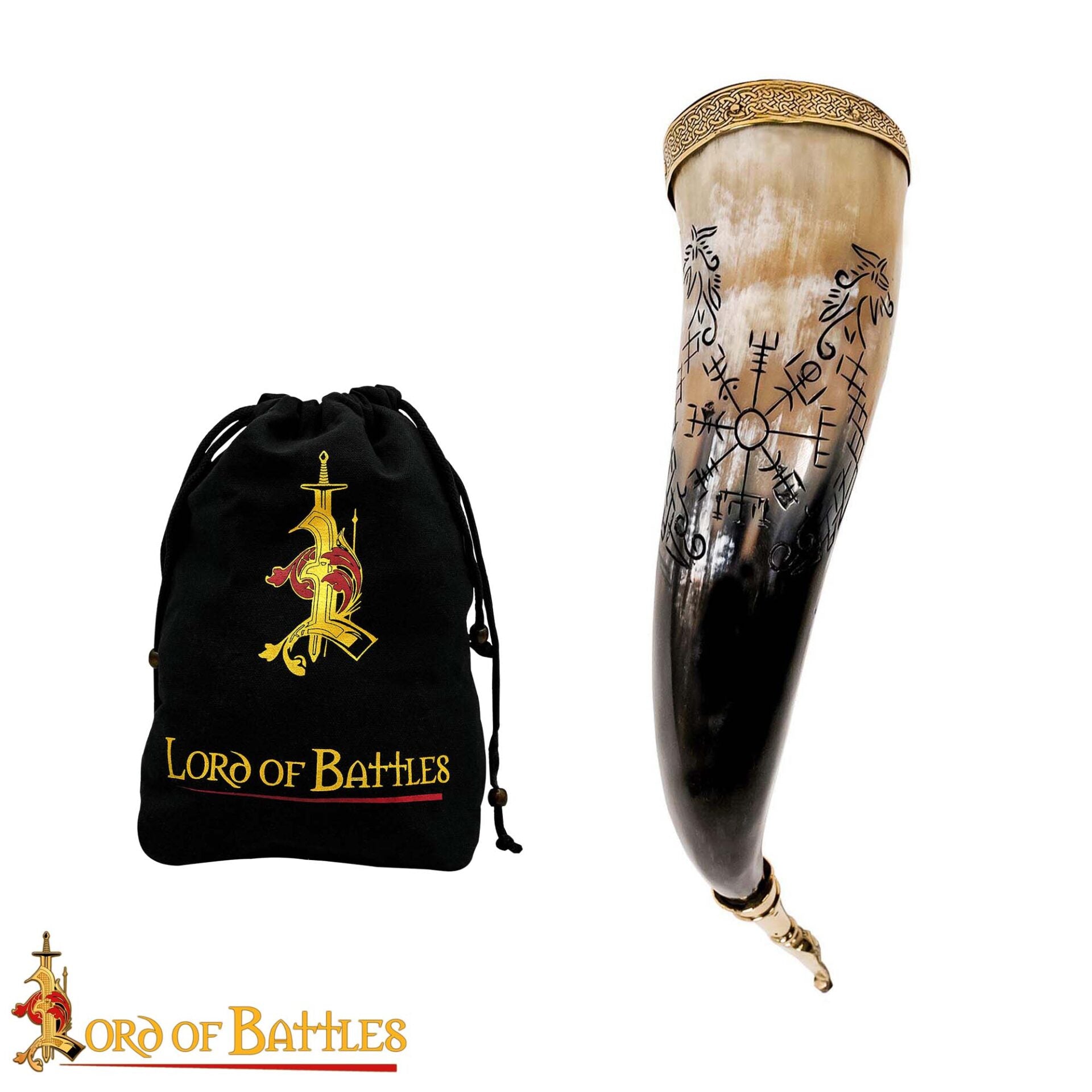 Imagen única de: Cuerno Vikingo para Beber con Brújula y Grabado de Jormungandr - Cuerno de Buey Hecho a Mano