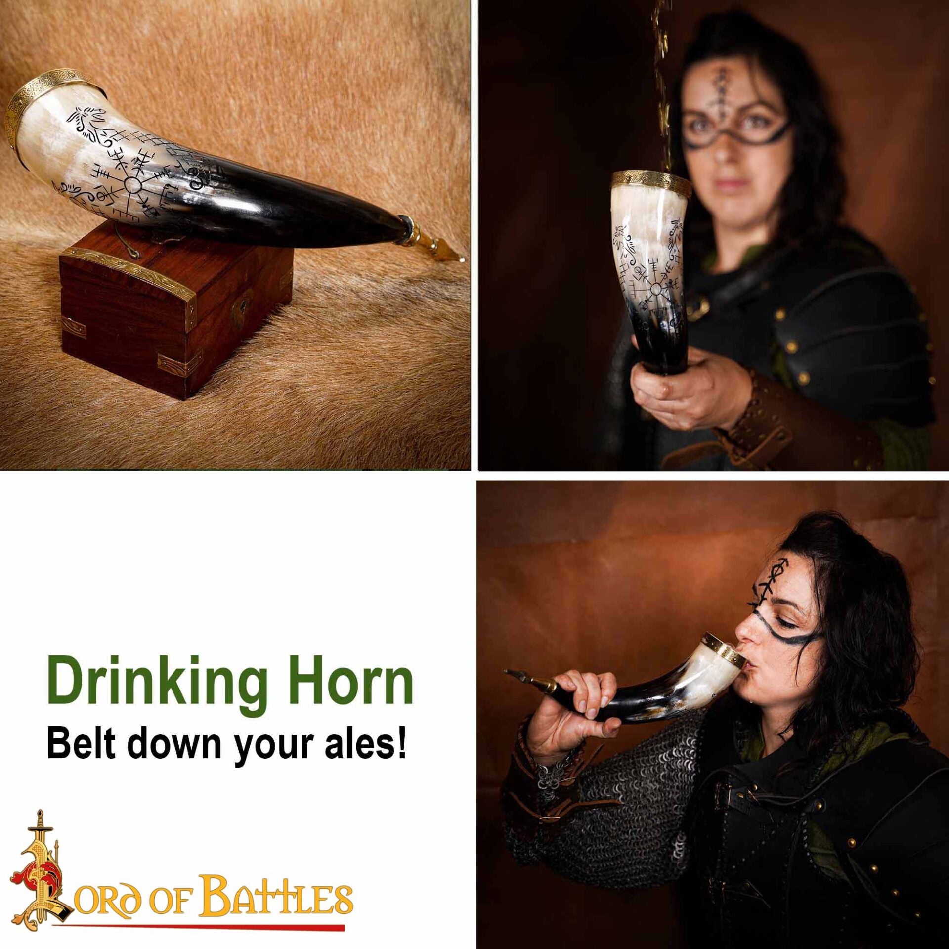 Imagen única de: Cuerno Vikingo para Beber con Brújula y Grabado de Jormungandr - Cuerno de Buey Hecho a Mano
