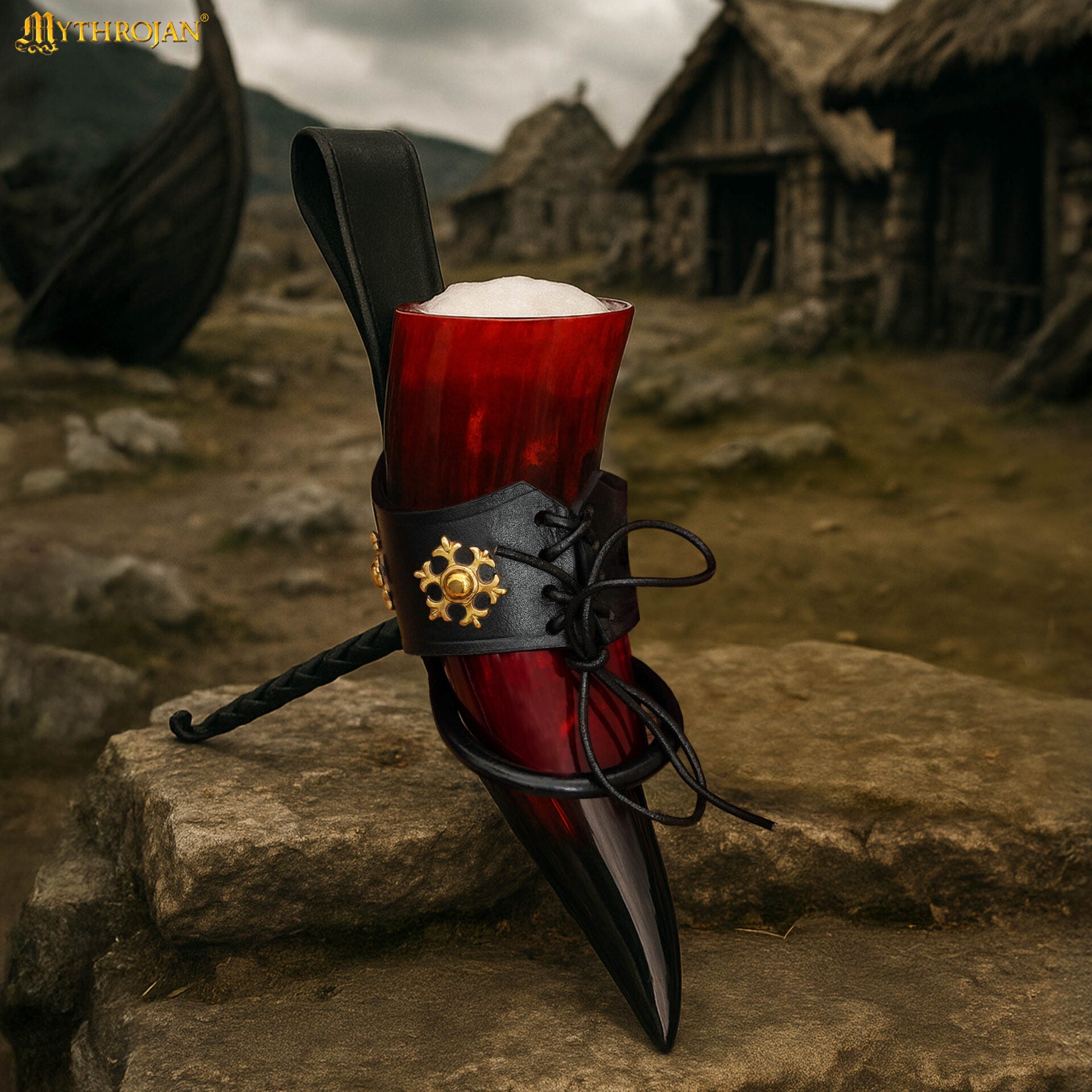 Imagen única de: Taza Medieval para Beber Hidromiel 400ml Rojo Vikingo Cuerno de Buey con Soporte de Cuero Negro Pulido