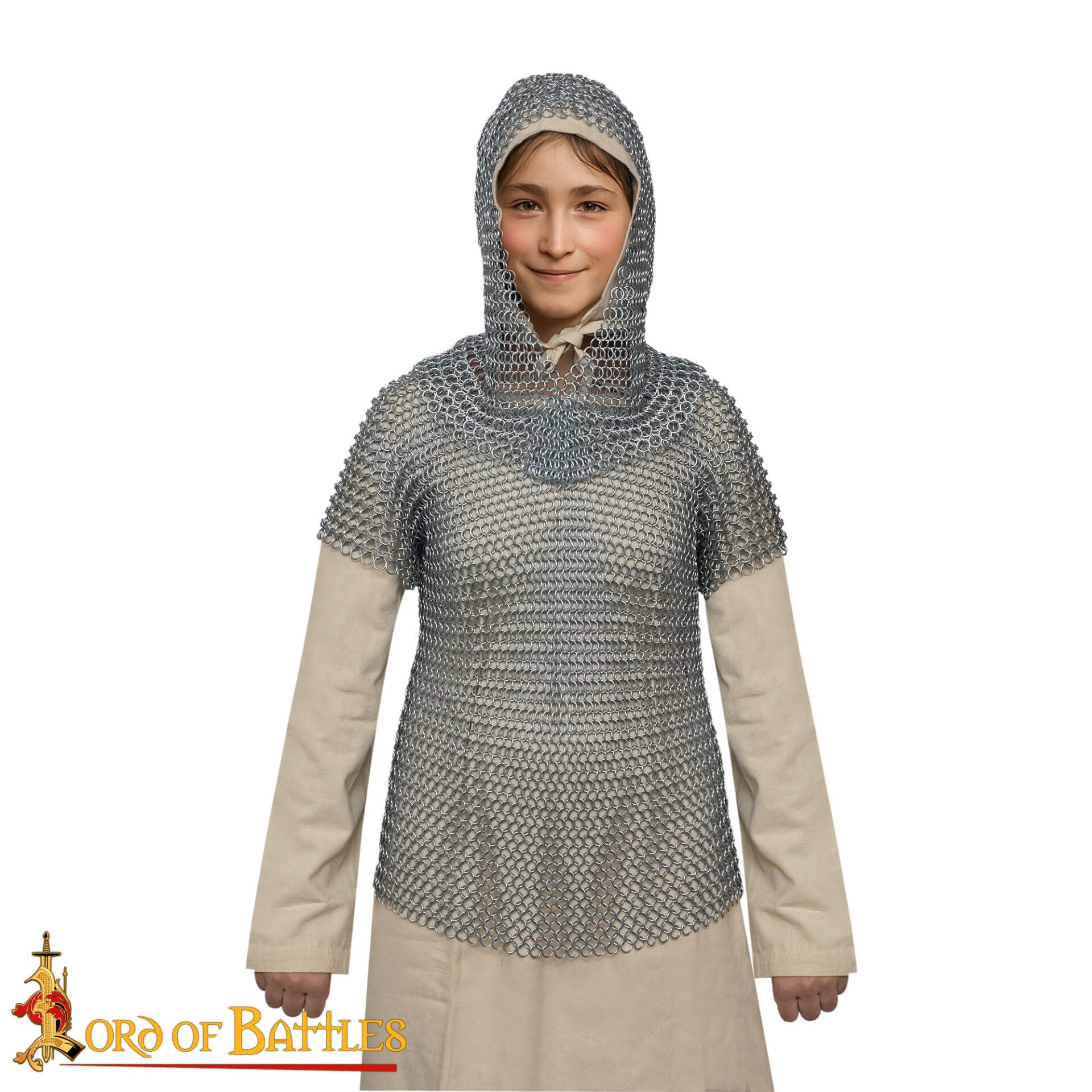 Imagen única de: Camisa Medieval de Cota de Malla para Niños con Cofia - Medias Mangas | 10mm Butted Rings, 16 Gauge Mild Steel, Zinc-plated