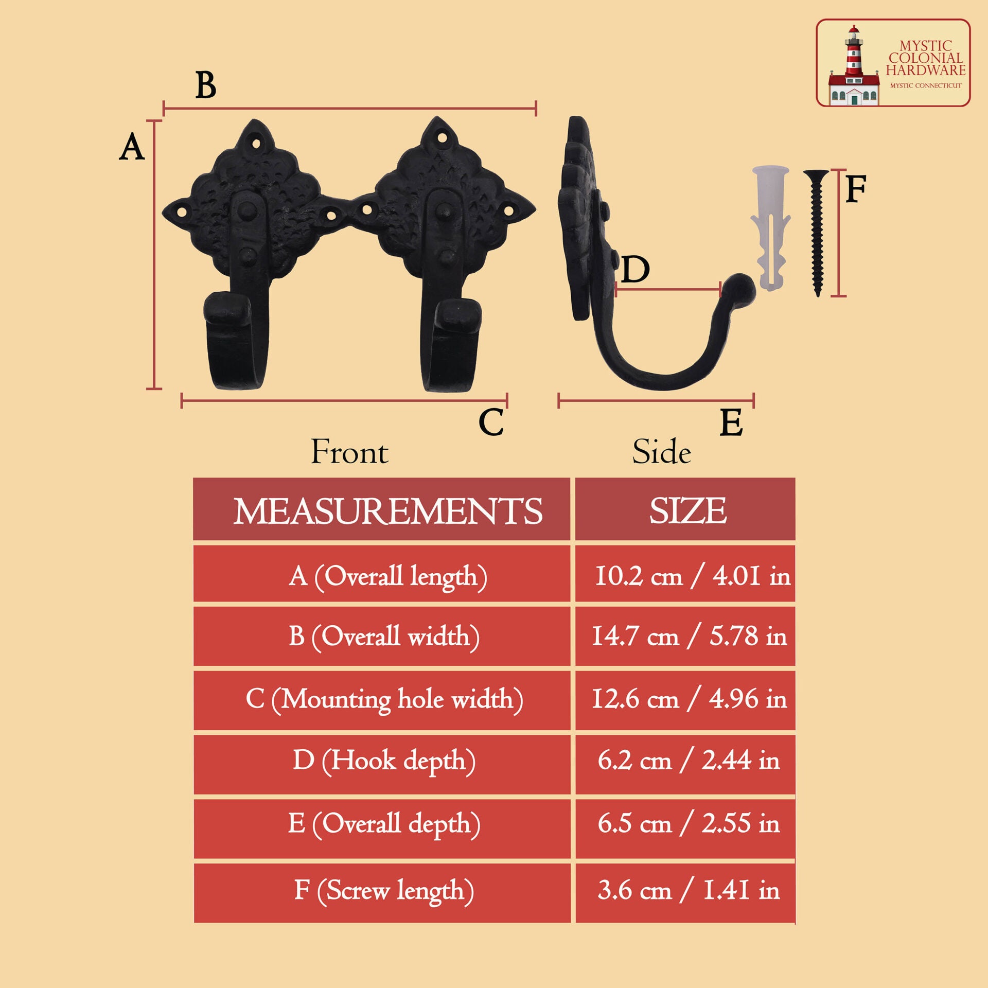 Imagen única de: Colonial Wrought Iron Wall Hooks - Juego de 2 Ganchos Negros Decorativos Forjados a Mano