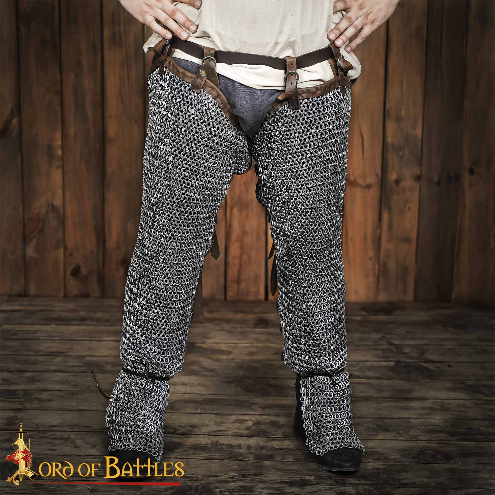 Mallas de Cota de Malla / Chausses - 9mm Remachado Anillos Planos con Alternancia de Anillos Sólidos de Calibre 17 de Acero Suave Acabado Natural Armadura Medieval para Larp y Disfraces - Imagen 1