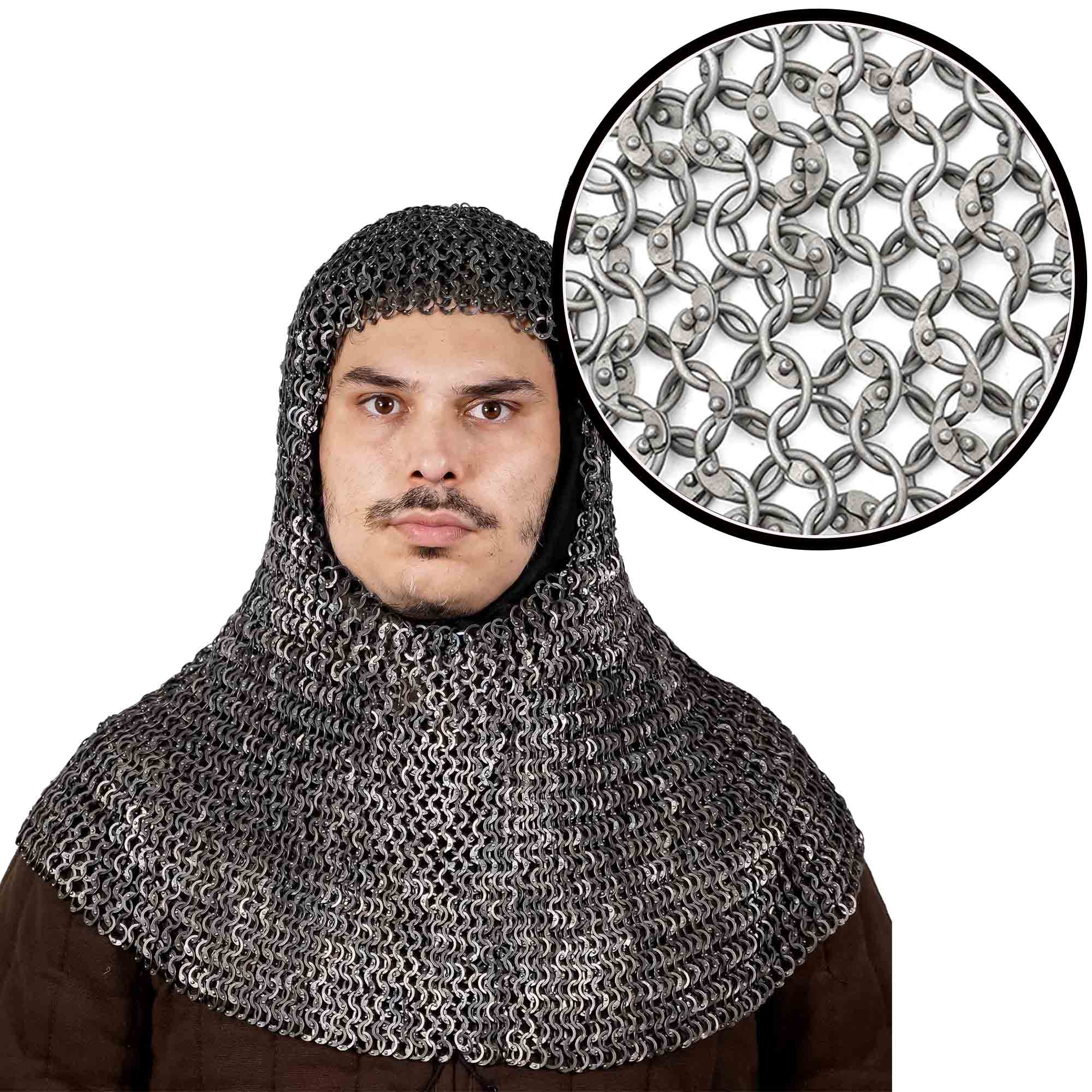 Cofia de Cota de Malla 10 Mm Anillas Redondas Remachadas de Acero Dulce de Calibre 16- Larp, Disfraces, Películas - Imagen 1