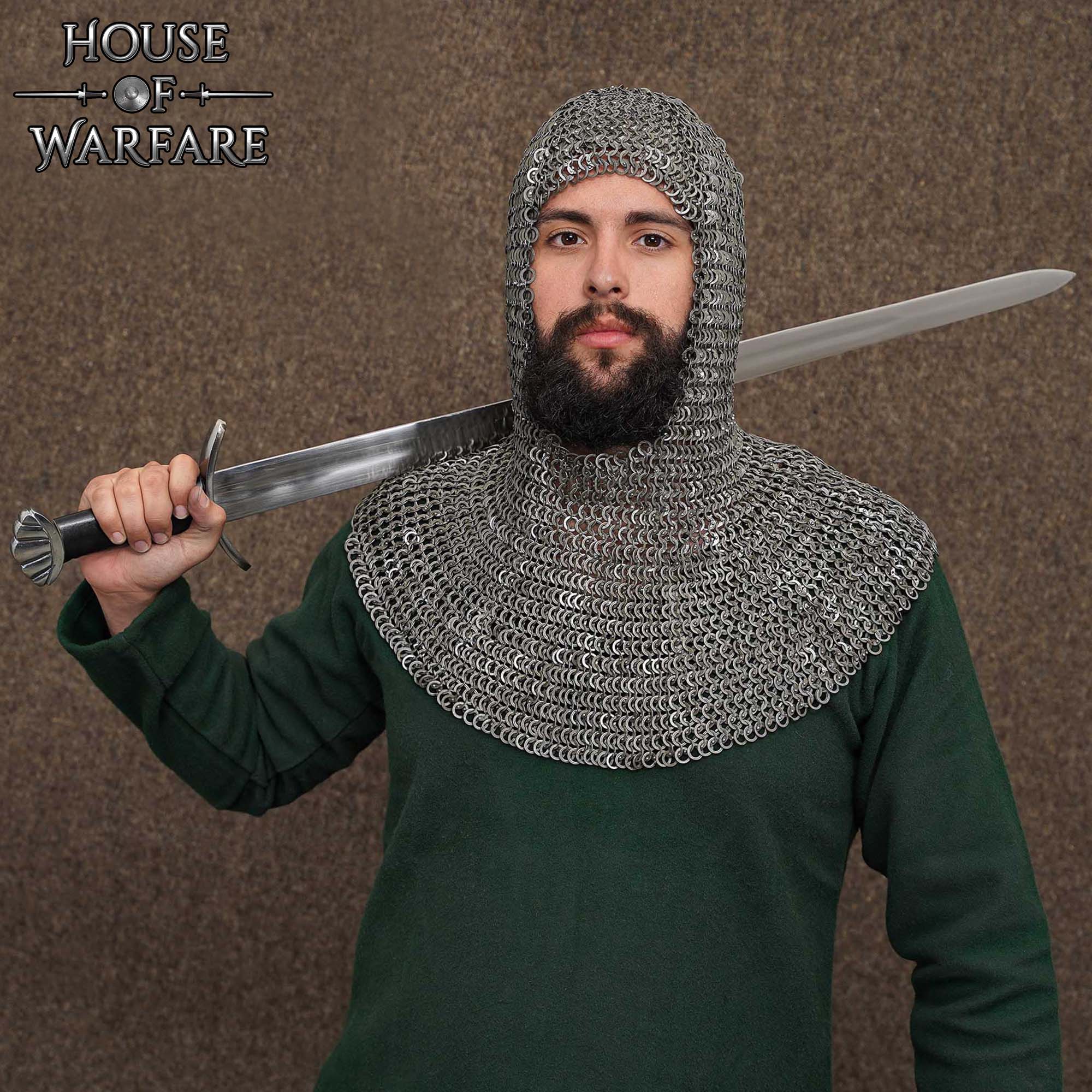 Cofia de Cota de Malla con Anillos Redondos Remachados de 6 Mm y Anillos Sólidos Planos Alternos, Acero Dulce de Calibre 18 - Capucha de Armadura Medieval para Larp, Cosplay y Disfraces de Cine - Discontinued - Imagen 1