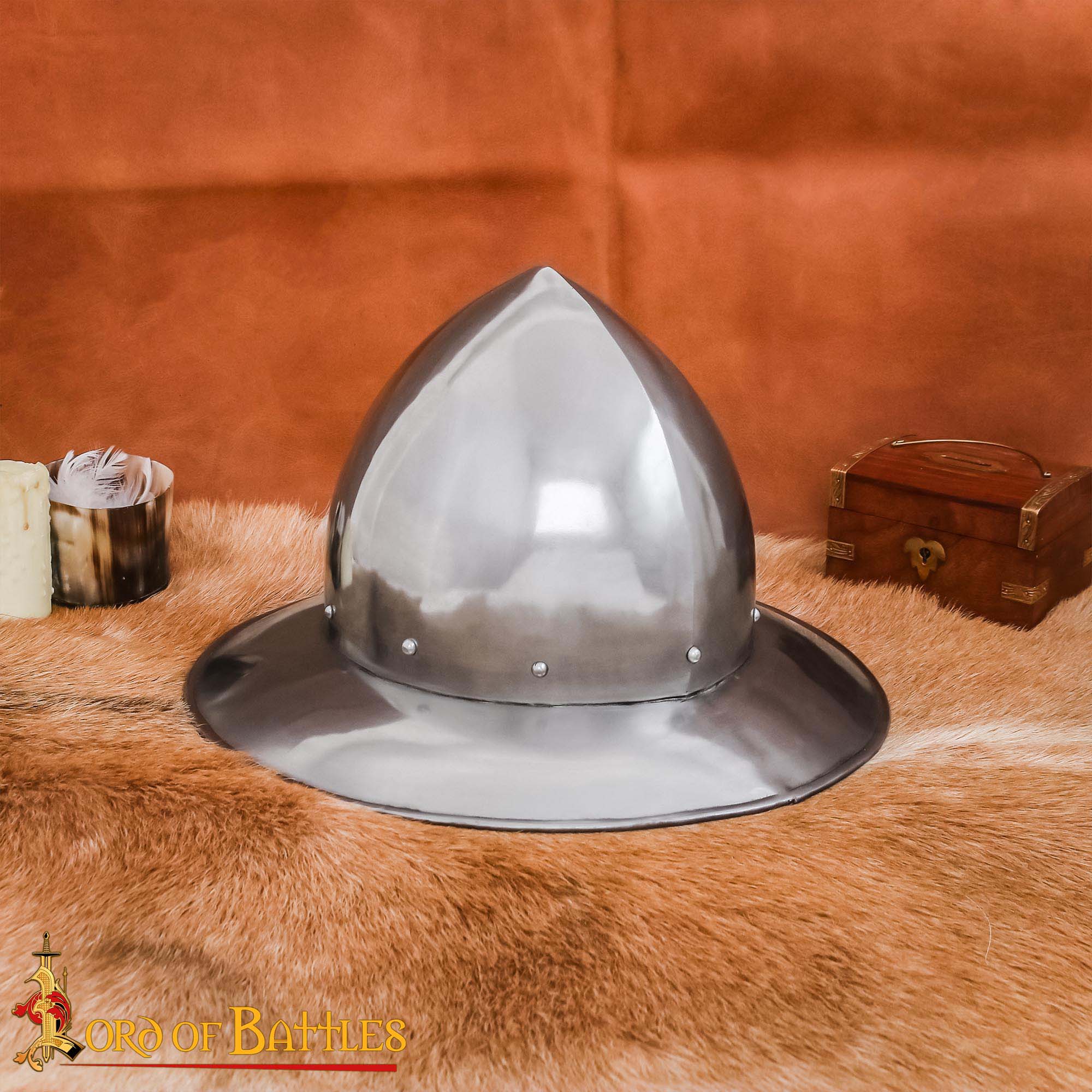 Imagen única de: Sombrero de Tetera del Siglo Xiv - Casco de Acero Pulido de Calibre 16 Hecho a Mano con Suspensión de Cuero