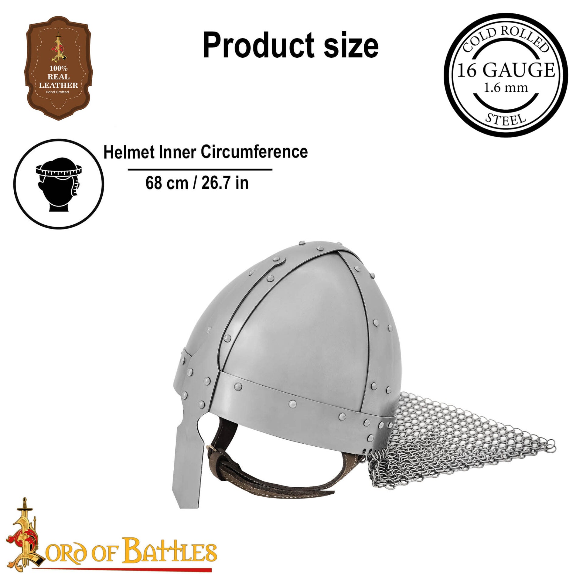 Imagen única de: Casco Medieval Normando Nasal de Acero con Corail de Cota de Malla 16 Calibre