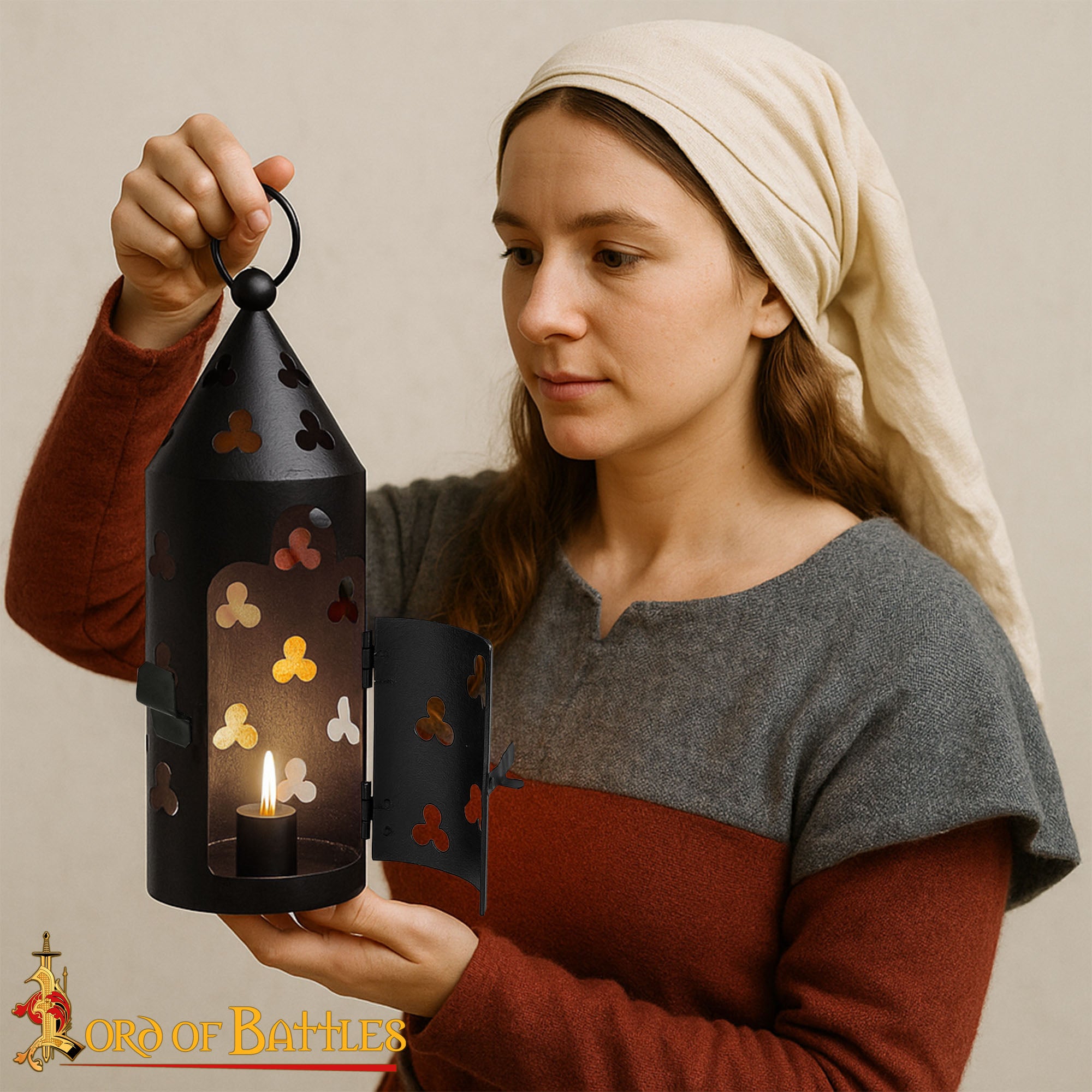 Imagen única de: Farol Medieval de Hierro para Velas con Recortes de Trébol y Asa Anular