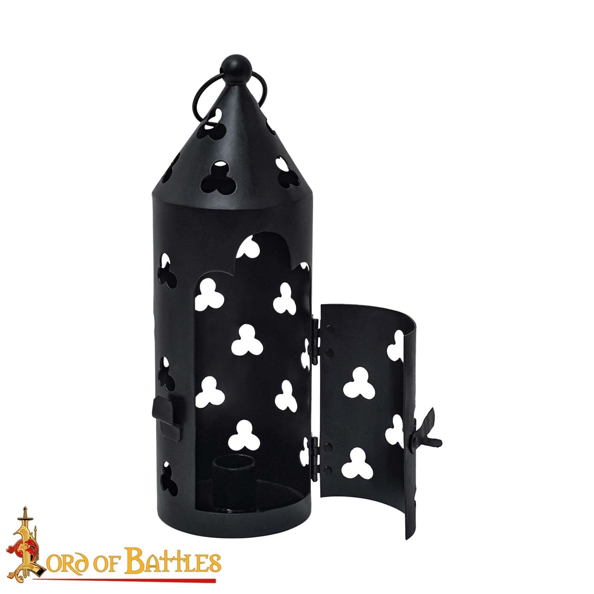 Imagen única de: Farol Medieval de Hierro para Velas con Recortes de Trébol y Asa Anular
