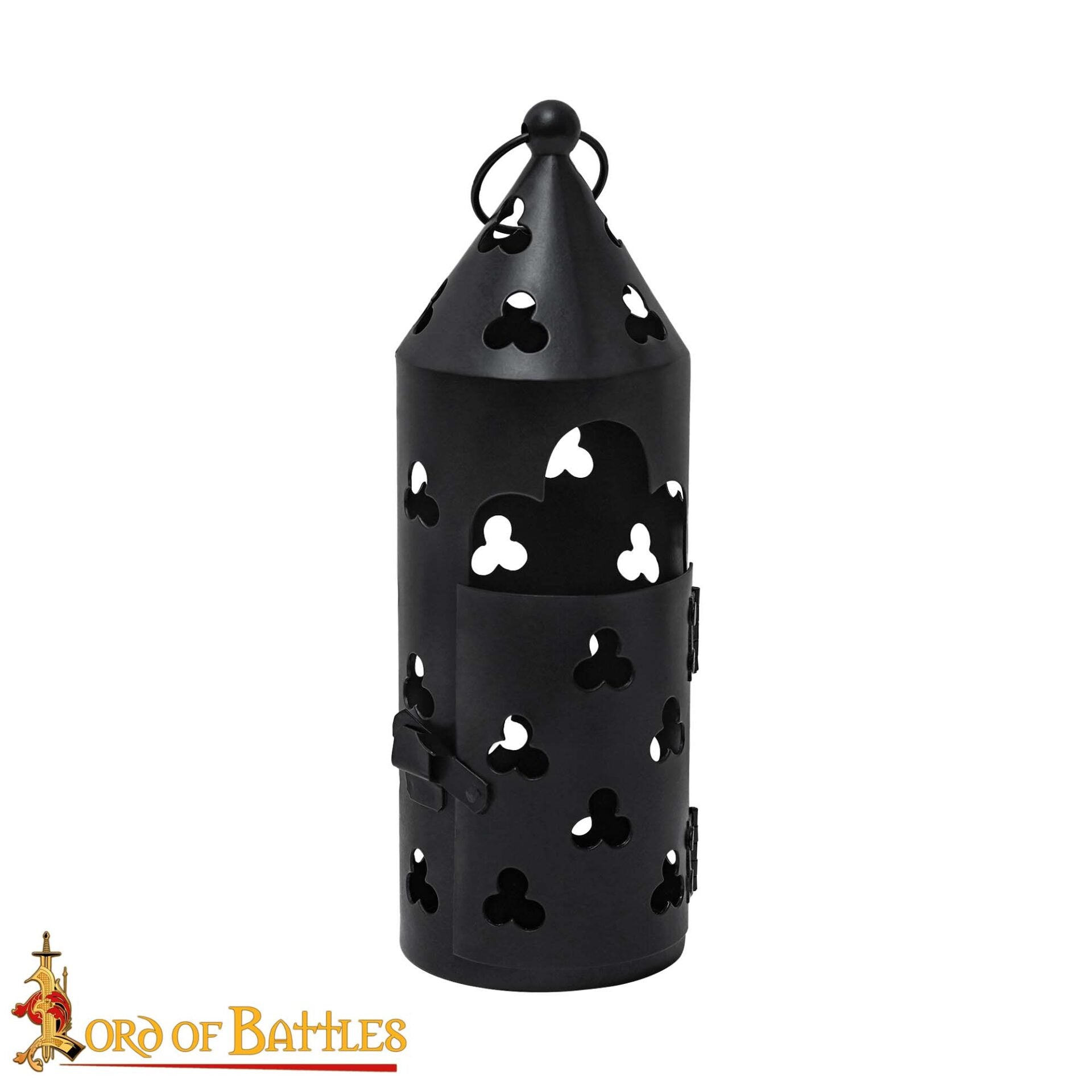 Imagen única de: Farol Medieval de Hierro para Velas con Recortes de Trébol y Asa Anular