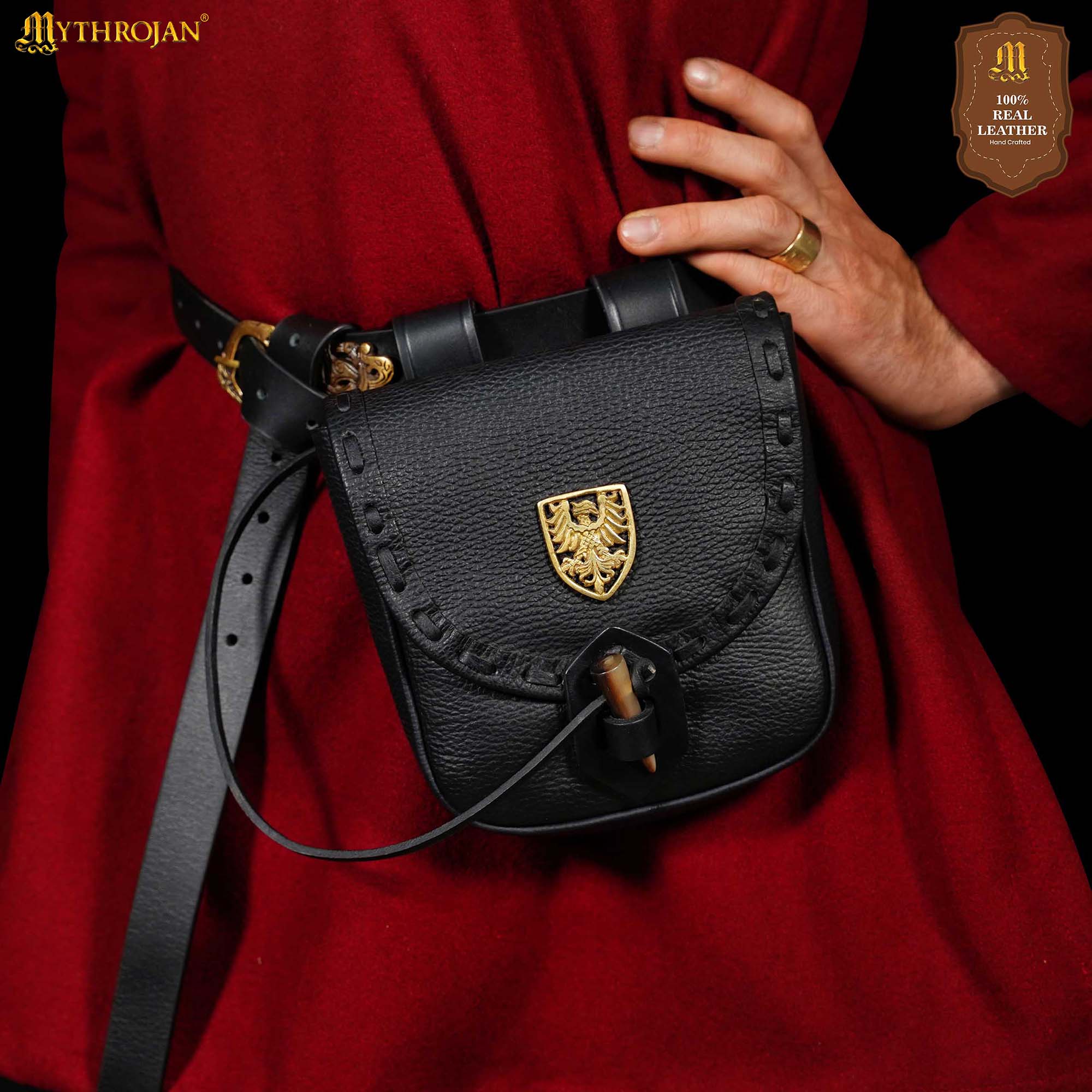 Riñonera Medieval de Cuero Hecha a Mano con Pasador de Cuerno de Buey y Decoración Heráldica de Latón - Funda de Cuero Auténtico - Imagen 7