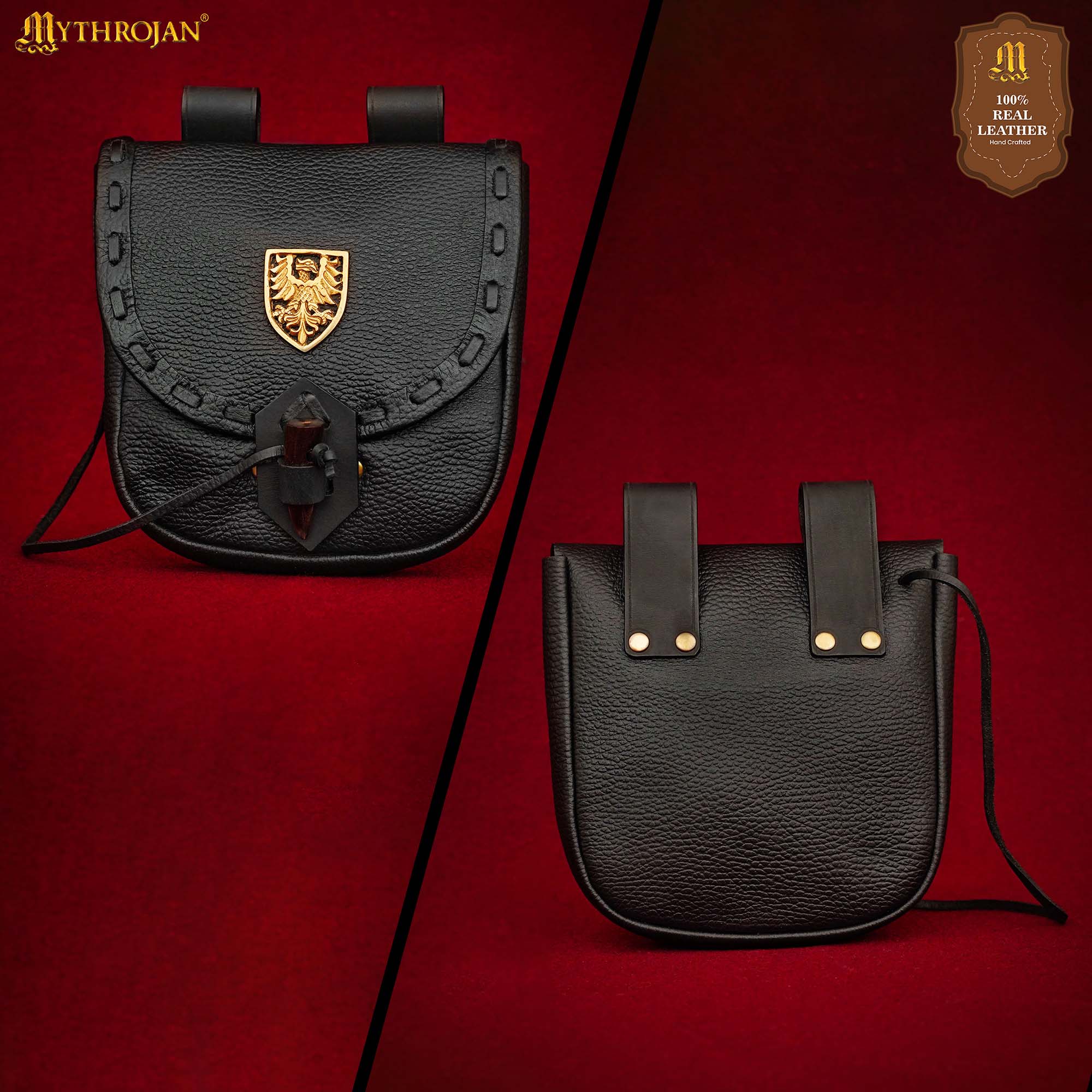 Riñonera Medieval de Cuero Hecha a Mano con Pasador de Cuerno de Buey y Decoración Heráldica de Latón - Funda de Cuero Auténtico - Imagen 8