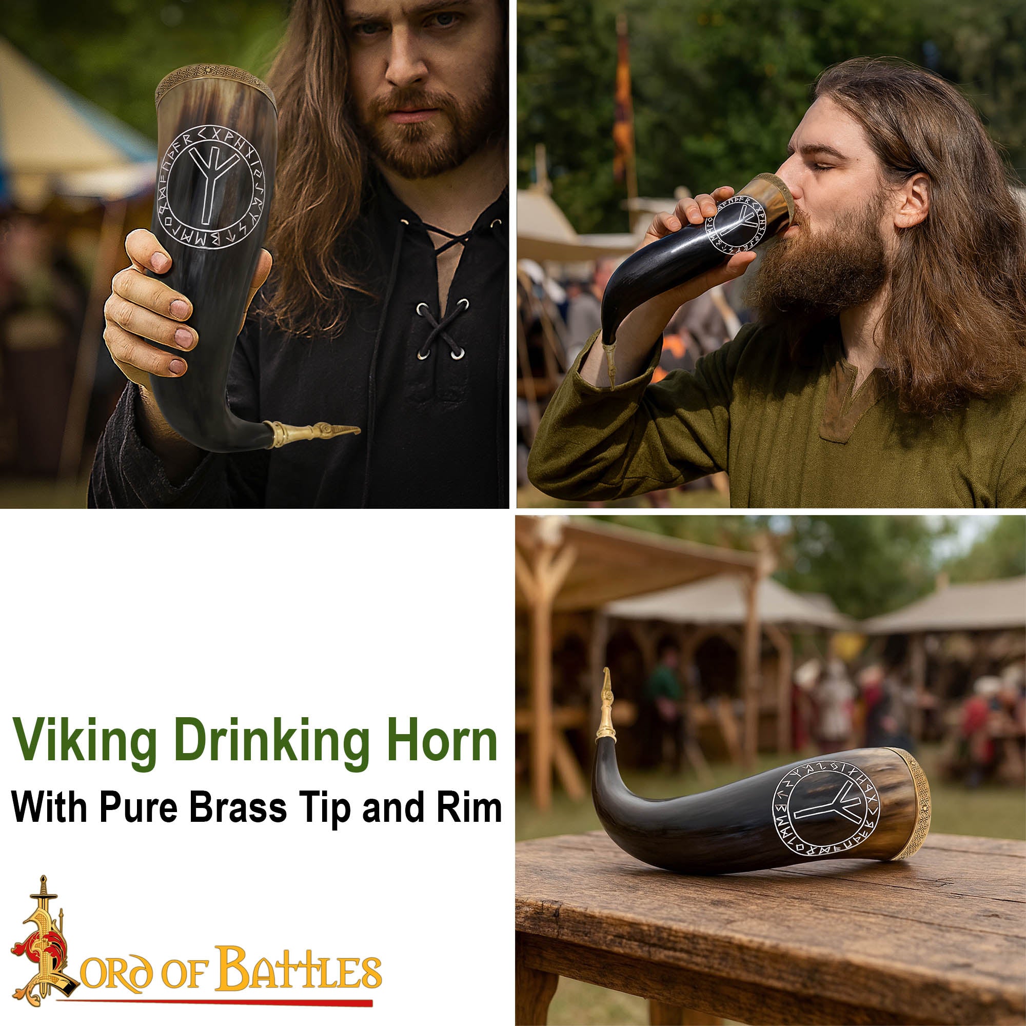 Cuerno Vikingo para Beber con Runa de Algiz - Cuerno de Buey Natural Pulido con Borde y Punta de Latón - Imagen 7