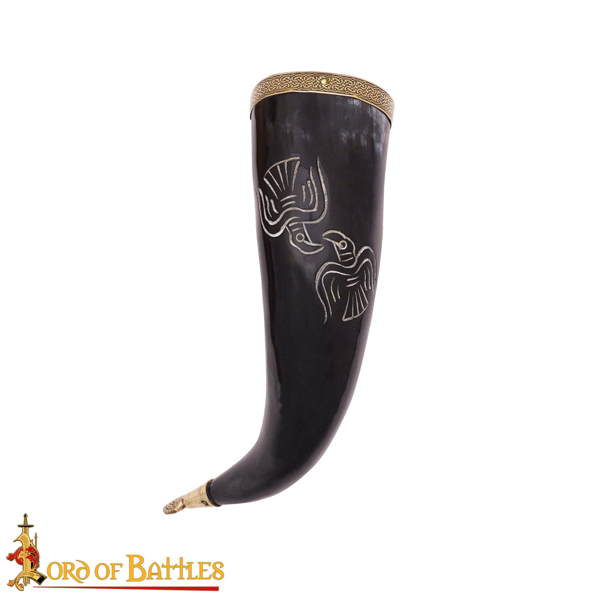 Imagen única de: Cuerno para Beber Vikingo Grabado -cuerno de Buey Pulido con Borde y Punta de Latón | Motivo de Pájaro Nórdico