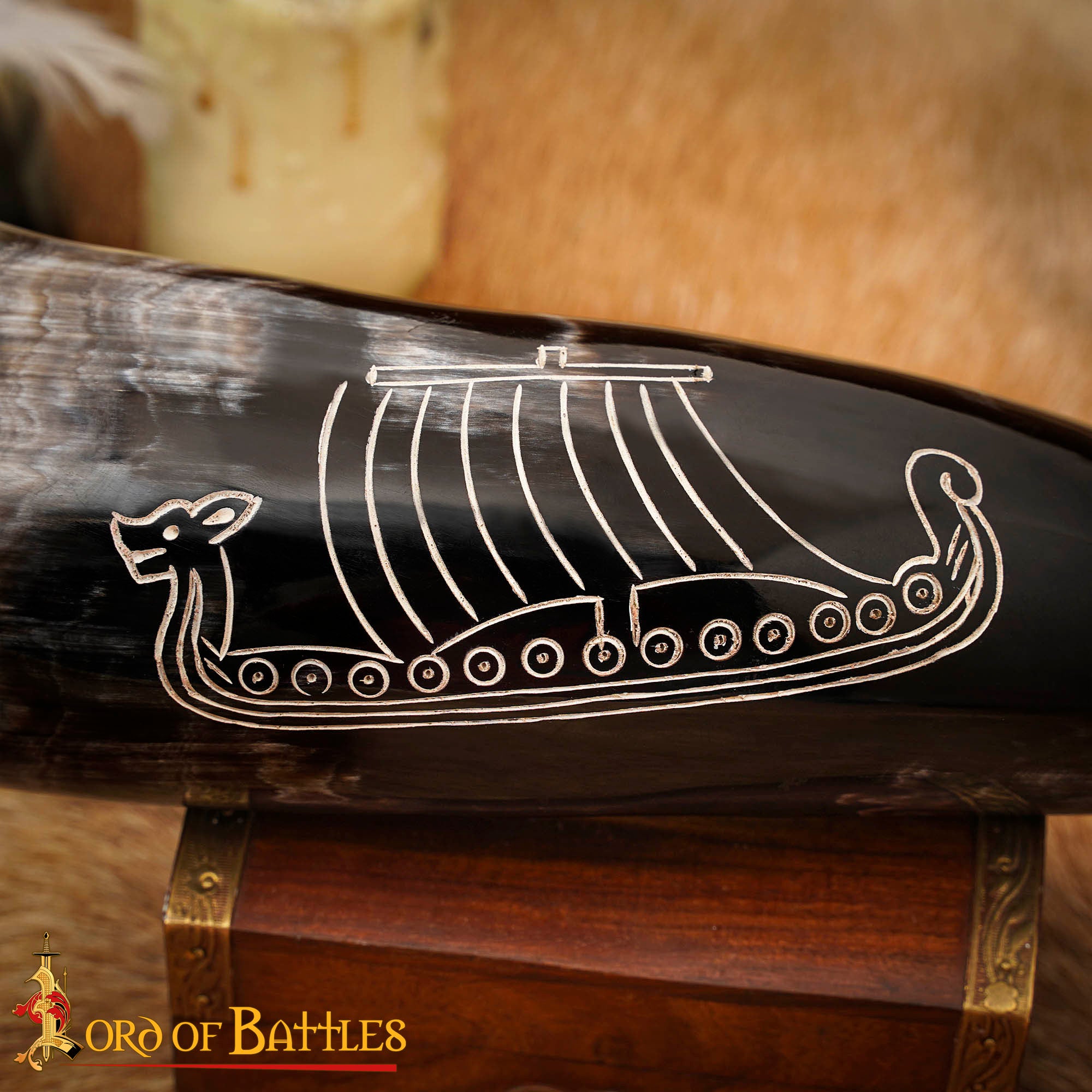 Cuerno Vikingo para Beber con Grabado Longship - Cuerno de Buey Natural Pulido, Mead Ale - Imagen 6