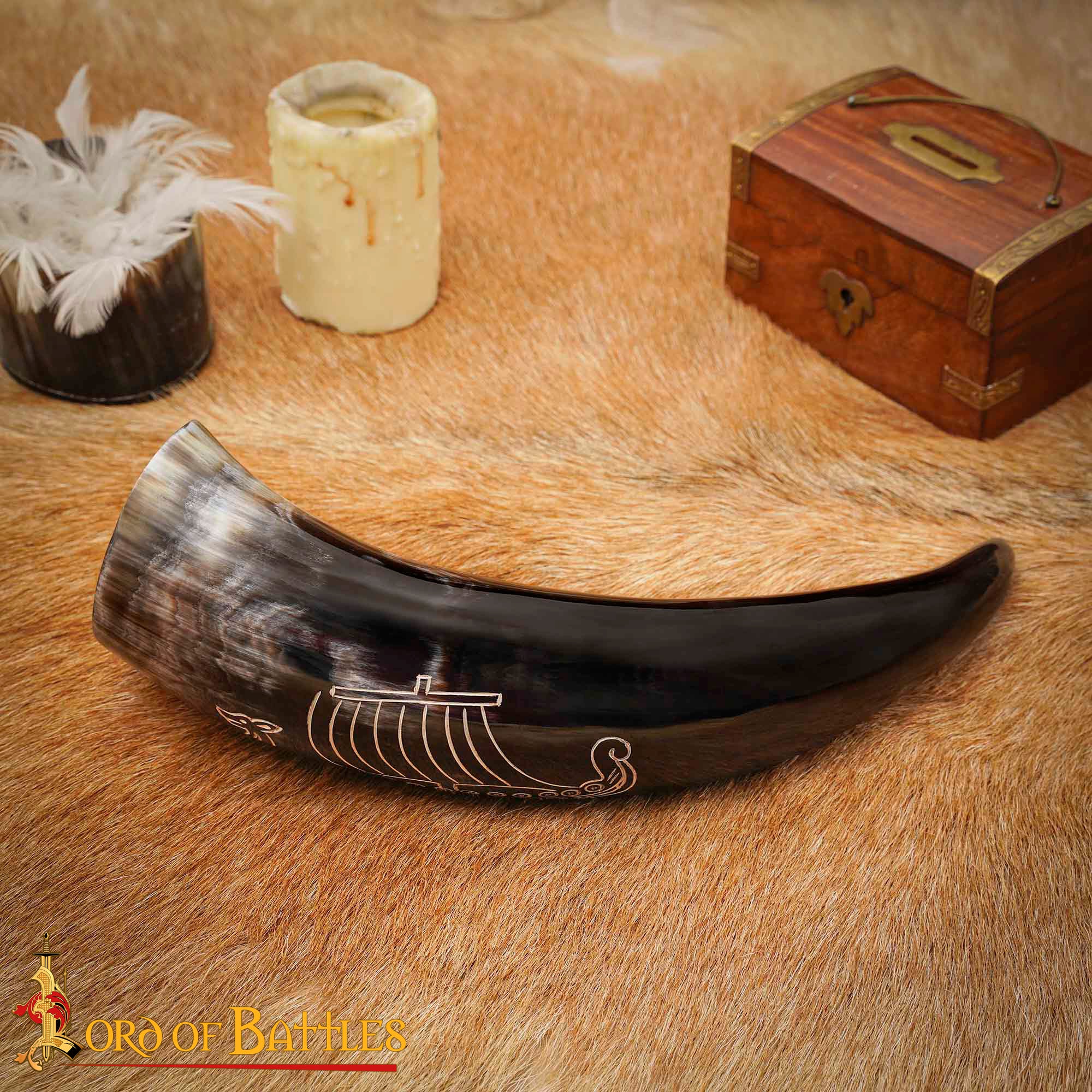 Cuerno Vikingo para Beber con Grabado Longship - Cuerno de Buey Natural Pulido, Mead Ale - Imagen 7