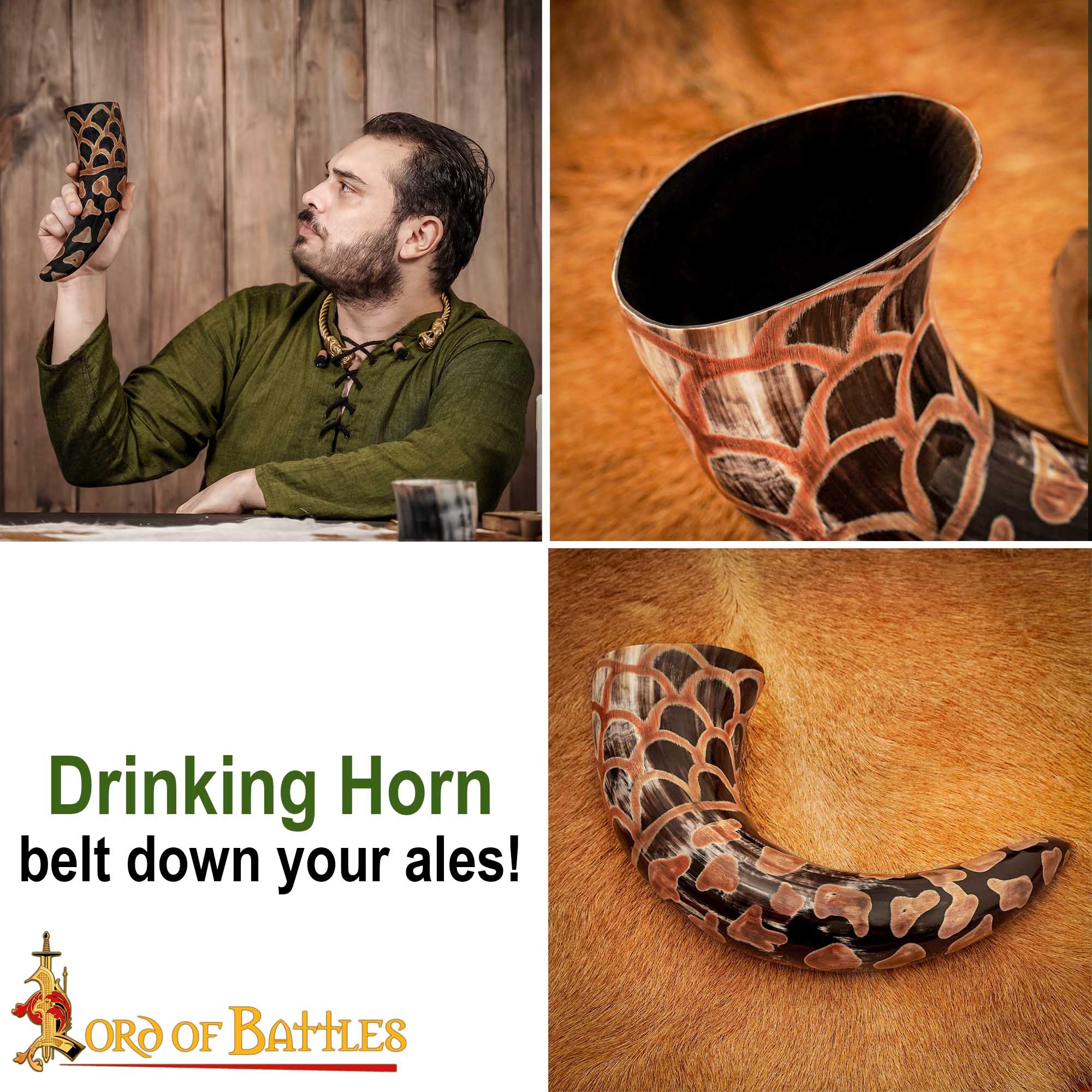 Imagen única de: Cuerno Medieval Vikingo para Beber 400-500 Ml con Diseño Quemado Hecho a Mano Auténtico Cuerno de Buey