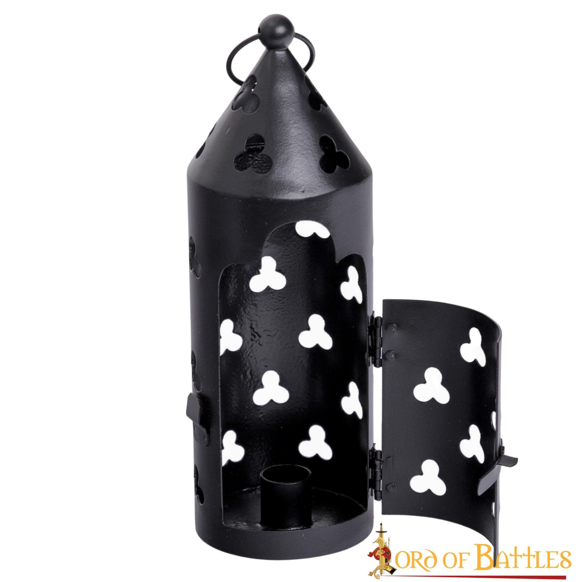 Imagen única de: Farol Medieval de Hierro para Velas con Recortes de Trébol y Asa Anular