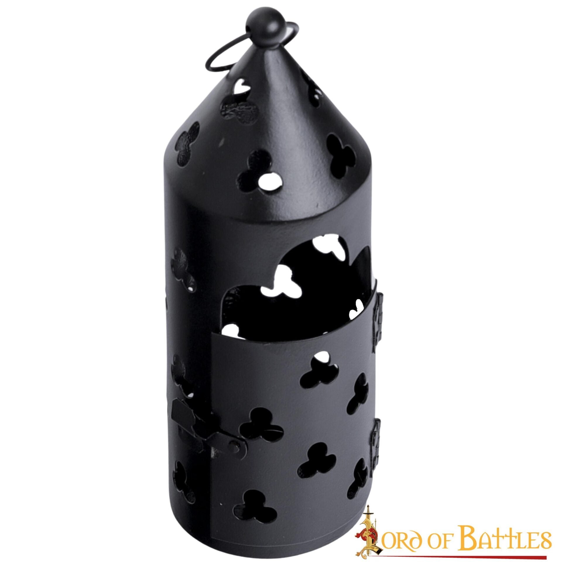 Imagen única de: Farol Medieval de Hierro para Velas con Recortes de Trébol y Asa Anular