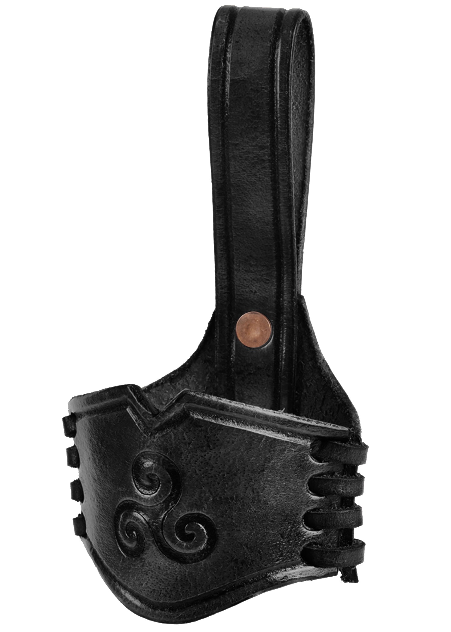Imagen única de: Soporte Para Cuerno De Cuero Para Beber, Triskele Grabado, Negro, Varios Tamaños